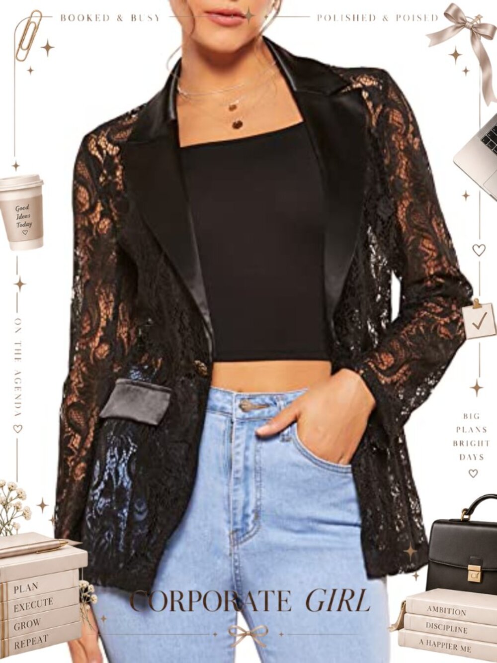 Floral Lace Mesh One Button Lapel Neck Long Sleeve Elegant Blazer